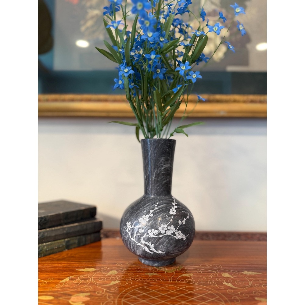 Vintage Etched Marble Vase • Hand-Carved Gray Stone Floral‎ Bud Vase
